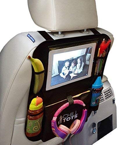Chill Tots - Back Seat Car Organiser with 10.1" iPad Tablet Holder Touch Screen Kids Kick Mat Seat Protector Cover Universal Fit Multi Pockets Children’s Storage - Black