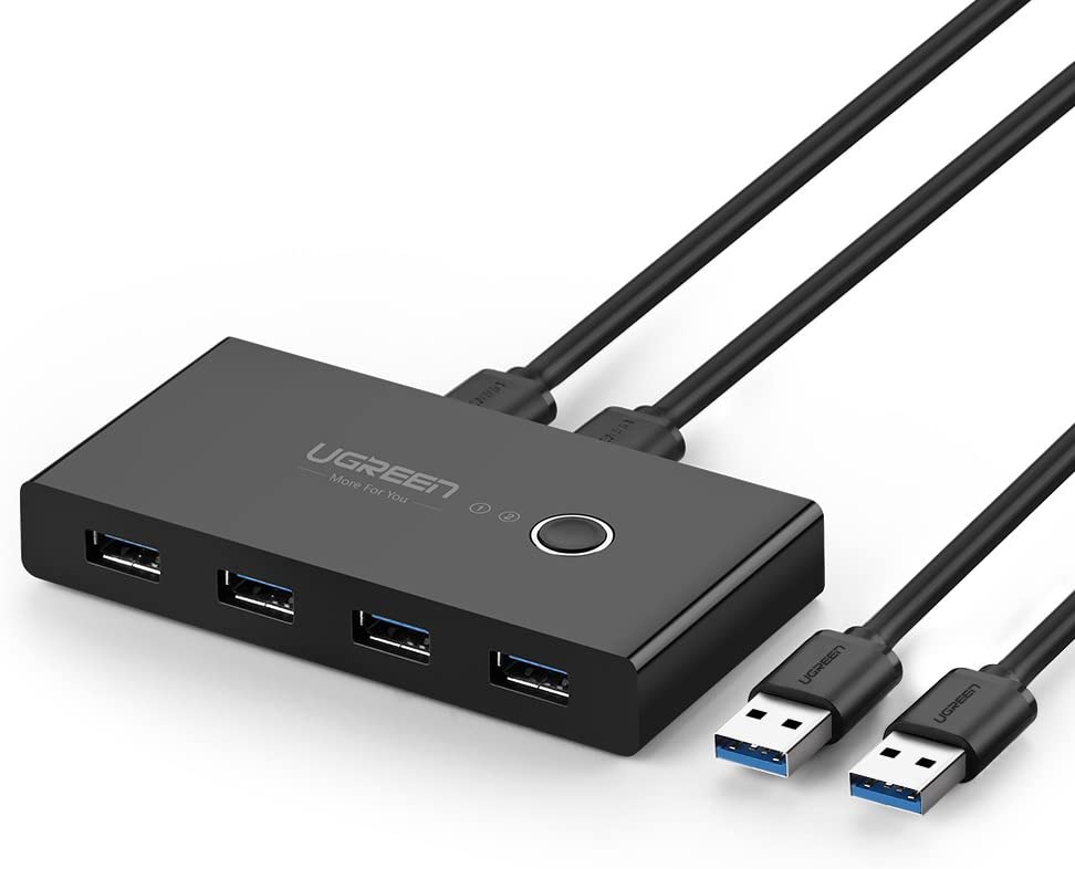 UGREEN USB 3.0 Switch 4 Port USB Switch Selector 5Gbps High-Speed Peripheral Sharing Switcher for 2 Computer Share Mouse Keyboard Compatible with Laptop Scanner Printer 2 Pack 4.92ft Cable