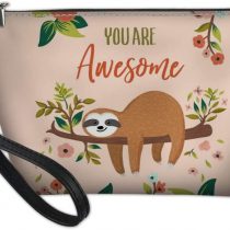 Showudesigns Leather Makeup Bag Trapezoid Cosmetic Case with Removable Strap Cute Sloth Flower Print