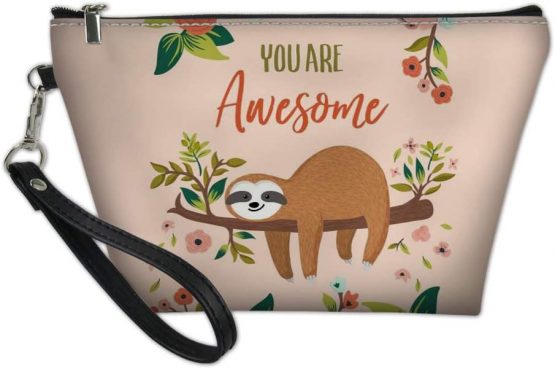 Showudesigns Leather Makeup Bag Trapezoid Cosmetic Case with Removable Strap Cute Sloth Flower Print