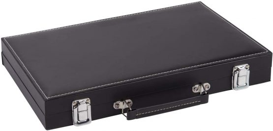 Engelhart Deluxe Wooden Backgammon Game in Leatherette Covered Case, 2 player , 5 dice , 2 cups as well as shuffleboard, (Black / Red 15") - Image 3