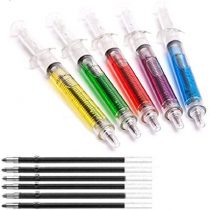 5 Novelty Syringe Pens with Mixed Barrel Colours with 5 Extra Refills Ideal for Nurses, Costumes, Fancy Dress, Halloween
