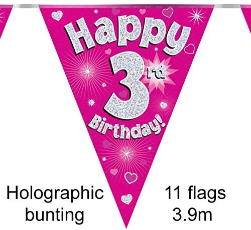 Party Bunting Happy 3rd Birthday Pink Holographic 11 flags 3.9m
