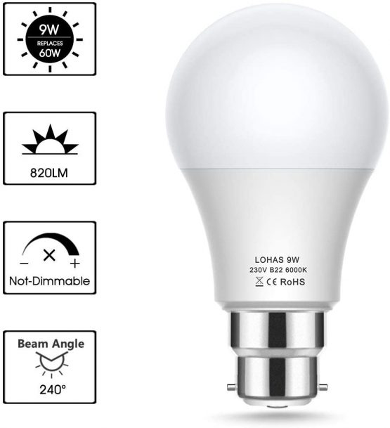B22 LED Bulb Bayonet, 9W LED LOHAS Bayonet Light Bulb, 820LM, 60W Equivalent, Daylight White 6000K, Non Dimmable, Pack of 6 - Image 3