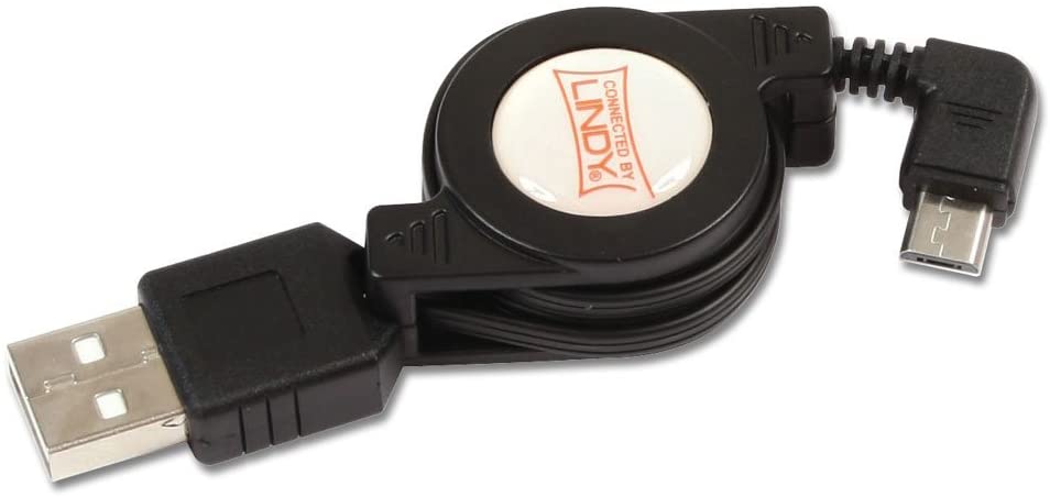 LINDY Retractable USB 2.0 Cable, USB Type A Male to Right Angled Type Micro B Male, 80cm, Black