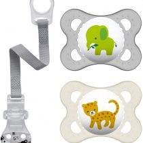 MAM SkinSoftTM Silicone Dummies 0-6 months girl Dummies 0-6 months incl. sterilising and transport box & Soother´s band