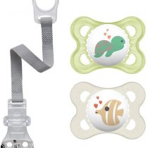 MAM "Skin Soft" silicone dummy 0 - 6 Months Neutral // Set of 2 // incl. Sterilising transport box and NIP dummy strap