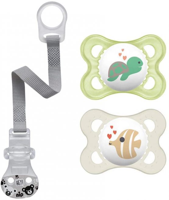 MAM "Skin Soft" silicone dummy 0 - 6 Months Neutral // Set of 2 // incl. Sterilising transport box and NIP dummy strap