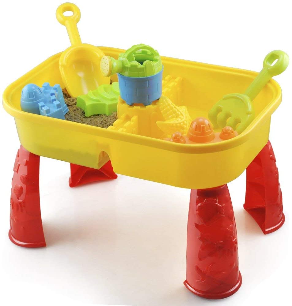 KandyToys Sand and Water Table with Lid and Accessories - Kids Outdoor Play Garden Sandpit, Yellow, Red, Small (41x27x25cm)