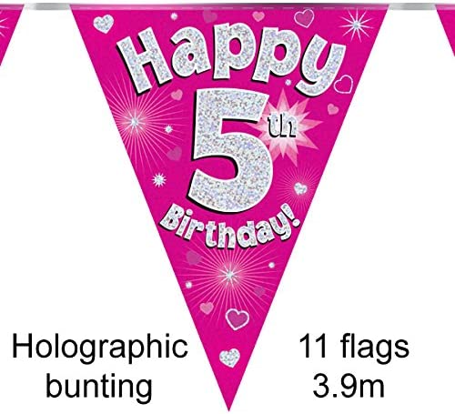 Party Bunting Happy 5th Birthday Pink Holographic 11 flags 3.9m, 390 centimeters