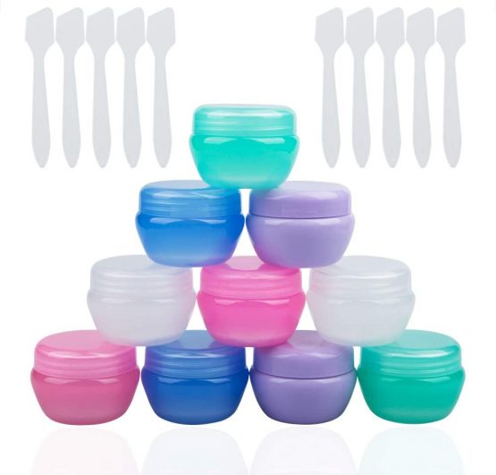 10 Pack Small Plastic Travel Containers for Toiletries,YuCool TSA Approved Empty Leakproof Refillable Mini Cosmetic Makeup Jars 20ml Per Piece with 10 Pack Mini Spatulas for Cream,Slime and Samples