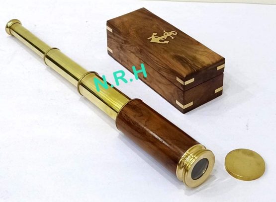Handheld Brass 14" Telescope - Nautical Pirate Spy Glass with Wood Box