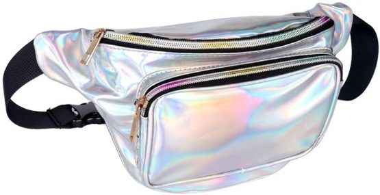 Geestock Holographic Fanny Pack for Women/Men, PVC Waterproof Shiny Waist Bag, Laser Waist Bum Bag with Adjustable Belt for Travel, Party, Festival Rave, Running, Hiking (Silver)