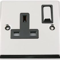 A5 Wall Socket 1 Gang - Polished Chrome Classic - Black Insert - Metal Rocker Switch - 13A Single Plug Socket