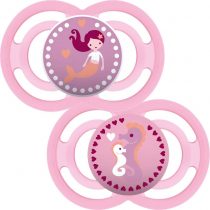 MAM Perfect Soothers 12+ Months (Pack of 2), Thinner and Softer Baby Soothers with Self Sterilising Travel Case, Newborn Essentials, Pink (Designs May Vary)
