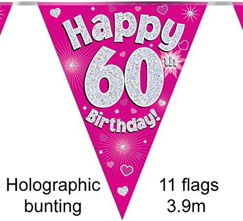 Party Bunting Happy 60th Birthday Pink Holographic 11 flags 3.9m