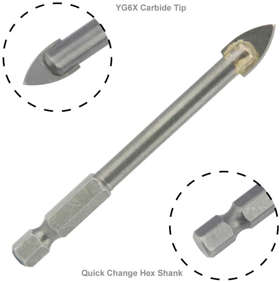 NORTOOLS Tile Drill Bits Set, 5 PCS Glass and Ceramic with Carbide Tip & 1/4 inch Quick Change Hex Shank for Tile,Glass - Image 3