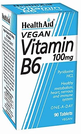 HealthAid Vitamin B6 (Pyridoxine HCl) 100mg - 90 Tablets, White, 1 count (Pack of 90)