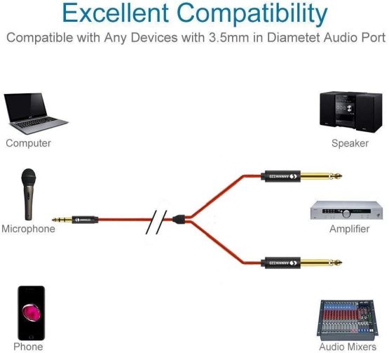 LinkinPerk Double 6.35mm Mono Cable,1/4 to 1/8 Inch 3.5 mm to 2 X 6.35 mm Cable Audio Splitter,Digital Interface Cable Instrument Cable for Mixer, Audio Recorder, Guitar, Amplifier, Volcas (2M) - Image 3