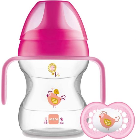 MAM Learn to Drink Cup, Bottle Handles and Soother, 6+ Months Baby Cup with Removable Handles, Baby Feeding Accessories, 190 ml, Pink (Designs May Vary)