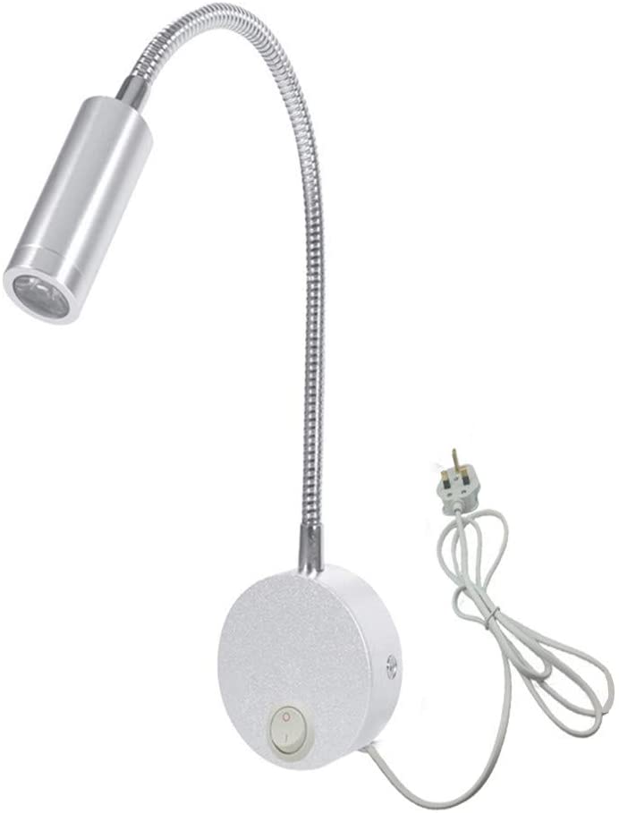WeFoonLo 3W Wall Mounted Reading Light Flexible Gooseneck LED Sconce Lamp with Plug & Switch for Bedroom Office, Workbench