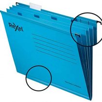 Rexel Classic Foolscap Reinforced Filing Cabinet Suspension Files with Dividers, 15 mm V base, 100 Percent Recycled Card, Blue, Pack of 10, 2115594