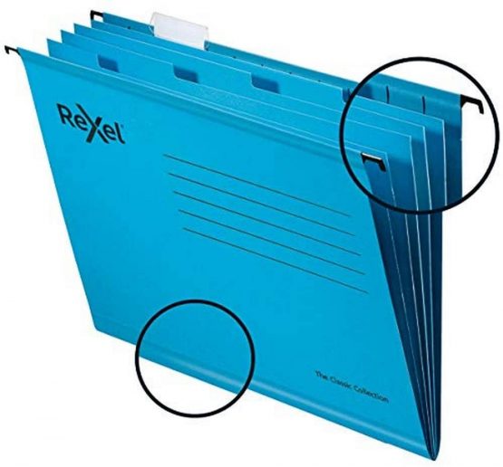 Rexel Classic Foolscap Reinforced Filing Cabinet Suspension Files with Dividers, 15 mm V base, 100 Percent Recycled Card, Blue, Pack of 10, 2115594