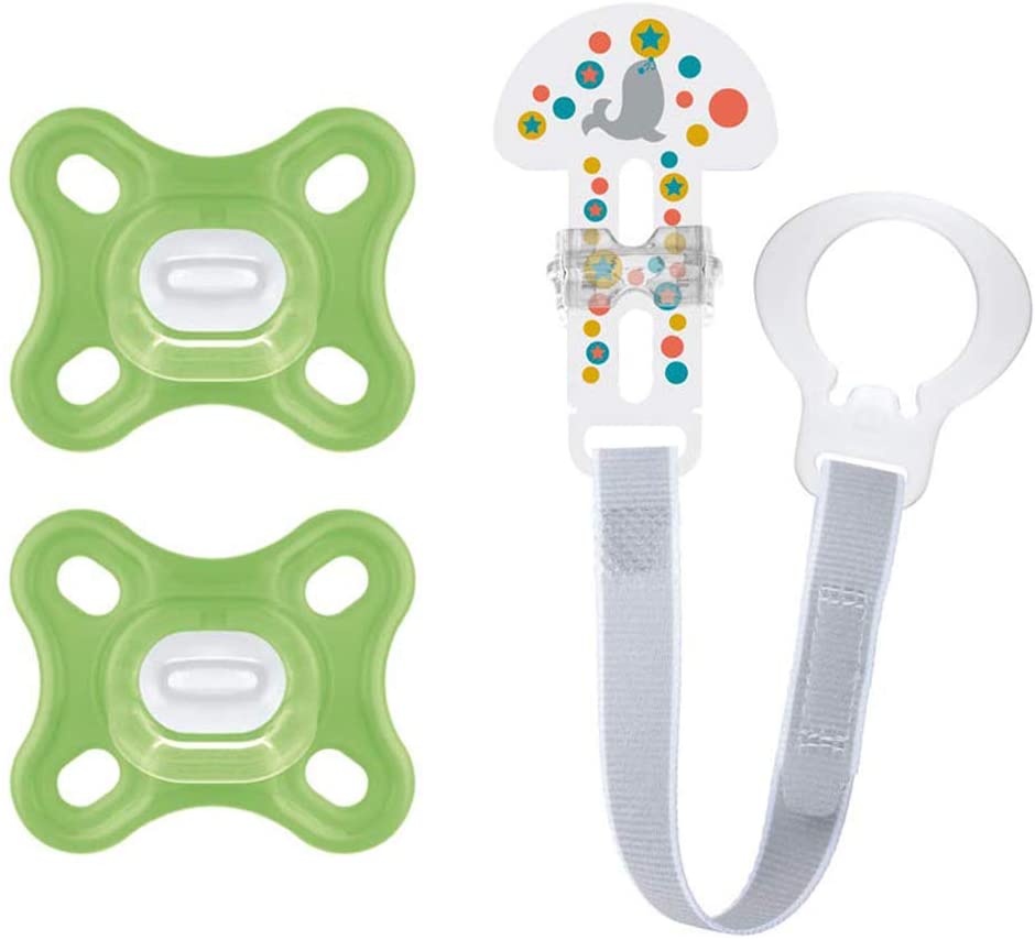 MAM Comfort Dummy Mini X-Small 0+ Months Unisex, Hospital-Grade Silicone 100%, Pack of 2, incl. Travel Box & MAM Clip