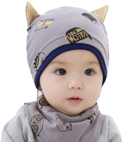 Cute Baby Hat and Scarf Set Cotton Kids Toddler Beanie Hat Infant Newborn Hat Cat Print Skull Hat Cap and Neckerchief Bibs Neck Scarf Wrap Baby Gift for 0-6-12 Months Boys Girls