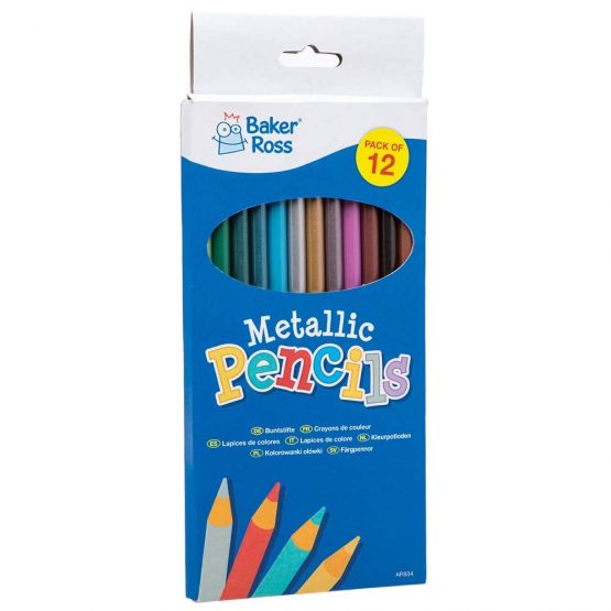 Baker Ross AR934 Metallic Colouring Pencils-Pack of 12, Essentials for Kids Drawings and All Arts and Crafts Activities, Assorted, 12 Count (Pack of 1)