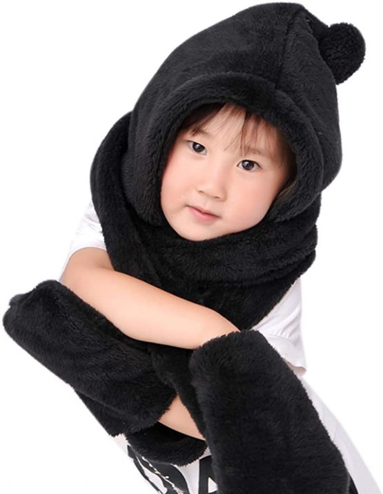 Children 3-In-1 Winter Hat Scarf Gloves Set Faux Fur Hooded Scarf Hat Glove Earflaps Hat Long Fleece Scarfs Cute Furry Animal Beanie Hat Ski Hat with Mittens Pcokets for Adults or Kids Over 3 Years