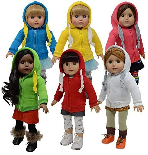 The New York Doll Collection Dolls Solid Coloured Set of 6 Hoodie T-Shirts For Fashion Girl Dolls, Doll Sweatshirts
