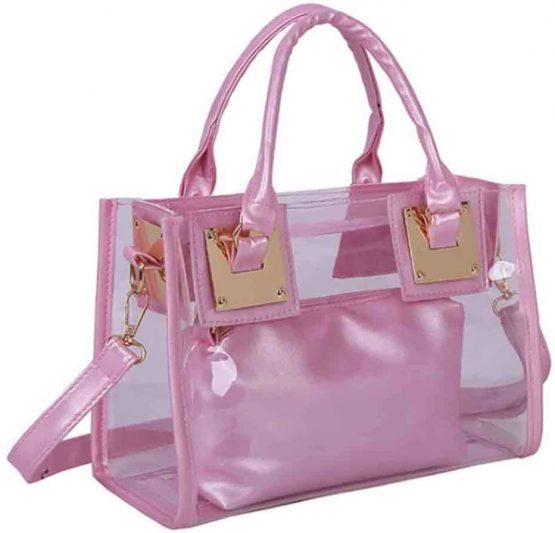 Rullar Women 2 Pcs Small Clear Tote Beach Shoulder Top-Handle Bag PVC Transparent Satchel Handbag Purse Pink
