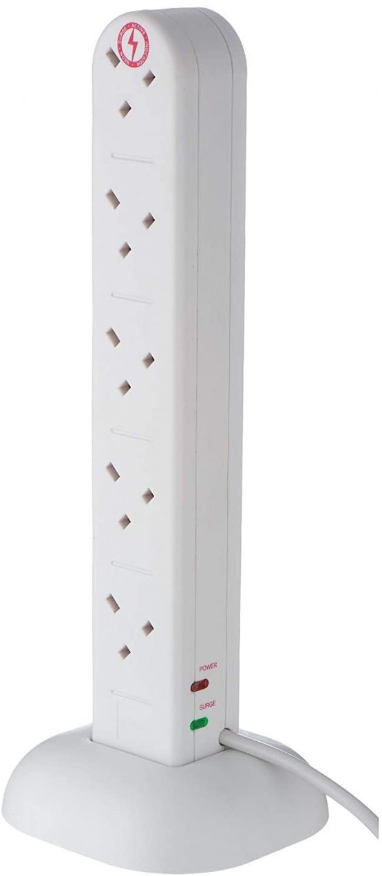Invero 10 Way Gang Surge and Spike Protected Vertical Tower Extension Socket Adaptor with 2 Metre Lead Ideal for Electrical Equipment - White