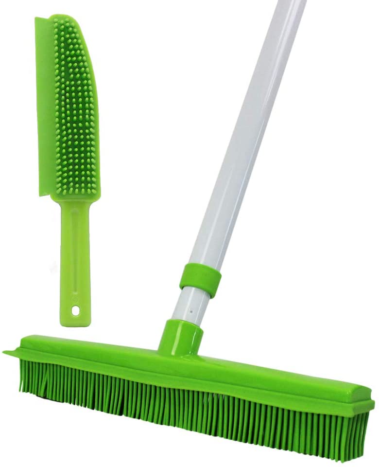 GLOYY Rubber Broom for Pet Hair Removal Silicone Carpet Rake with 58" Adjustable Telescopic Handle