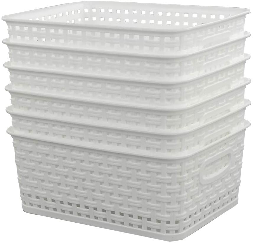 Sandmovie White Plastic Woven Ratten Baskets, 6-Pack, 25.5 cm x 20.1 cm x 10.2 cm