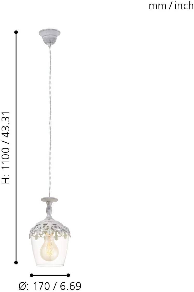 Eglo Pendant Light Sudbury, 1-Light Hanging Lamp Vintage, Retro, Pendant Lamp Made of Steel and Glass in White Patina, Clear - Image 3