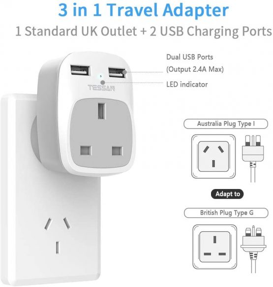 Australia China Plug Adapter with 2 USB Ports, TESSAN Grounded AU Outlet Travel Adapter - 3 in 1 Power Adaptor for UK to Australian New Zealand Fiji Argentina and more (Type I) - Image 2