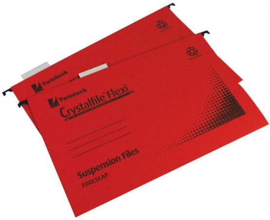 Rexel Foolscap Suspension Files with Tabs and Inserts for Filing Cabinets, 15 mm V-base, Manilla, Red, Crystalfile Flexifile, Pack of 50, 3000042