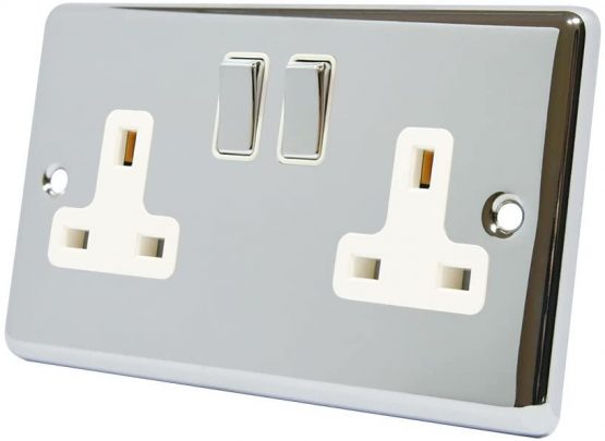 AET CPC2GSOCWC Polished Chrome Classical 2 Gang White Insert Metal Rocker Switches-13 Amp Double Plug Socket