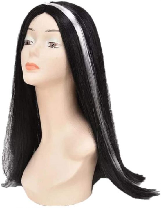 Matissa Women's Long Black Straight Synthetic Wig with White Highlights