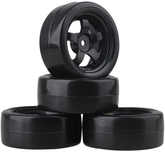 Mxfans 65mm OD Black Plastic 5 Spoke Wheel Rims & Smooth Tires for RC 1: 10 On-road Racing Car & Drift Car Pack of 4