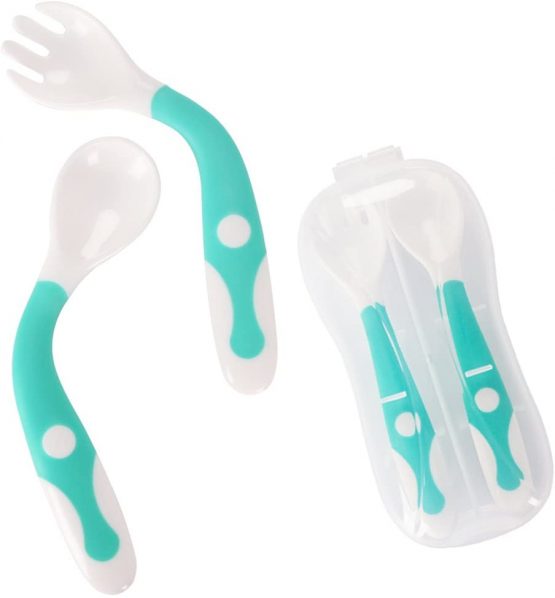 Baby Utensils Spoon Fork Set with Travel Safe Case Toddler Babies Children Feeding Training Spoon Easy Grip Heat-Resistant Bendable Soft Perfect Self Feeding Learning Spoons (Set of 2)