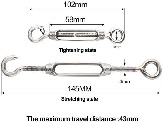 FEPITO 6 Pieces Turnbuckle Wire Tensioner M4 Stainless Steel Turnbuckle Tensioner Adjustable Turnbuckle Hook and Eye Set Heavy Duty - Image 3