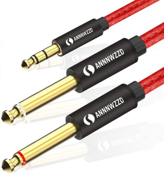 LinkinPerk Double 6.35mm Mono Cable,1/4 to 1/8 Inch 3.5 mm to 2 X 6.35 mm Cable Audio Splitter,Digital Interface Cable Instrument Cable for Mixer, Audio Recorder, Guitar, Amplifier, Volcas (2M)