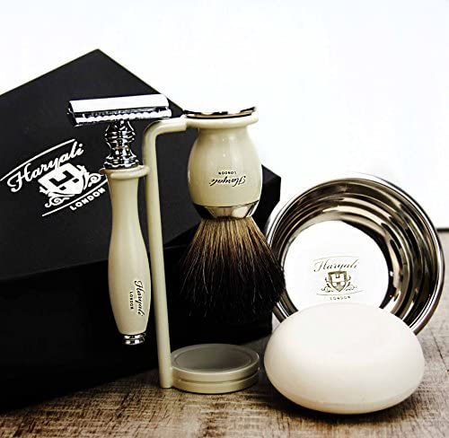 Haryali London Shaving Kit – 5 Pc Shaving Kit – Double Edge Safety Razor - Best Badger Badger Shaving Brush – Shaving Soap – Shaving Bowl – Shaving Stand – Ivory Color Shaving Set