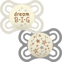 MAM Perfect Night Soothers 0+ Months (Pack of 2), Thinner and Softer Baby Soothers with Self Sterilising Travel Case, Newborn Essentials, White/Grey (Designs May Vary)