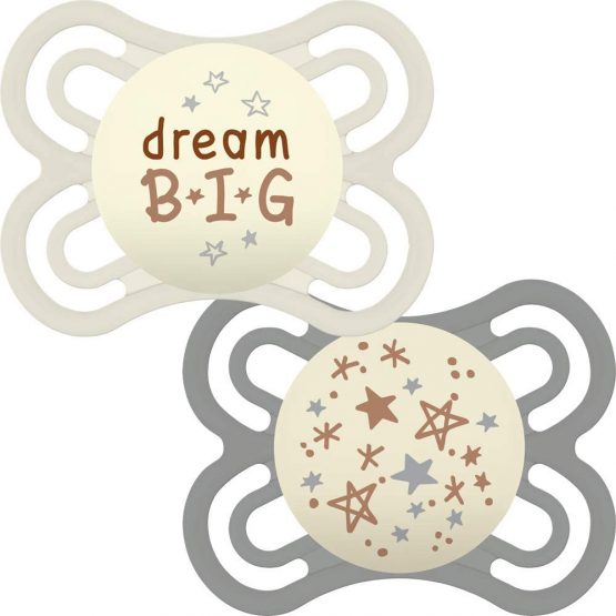 MAM Perfect Night Soothers 0+ Months (Pack of 2), Thinner and Softer Baby Soothers with Self Sterilising Travel Case, Newborn Essentials, White/Grey (Designs May Vary)