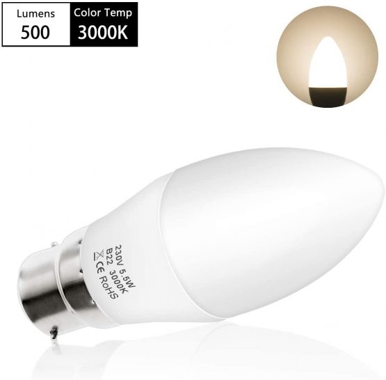 B22 LED Candle Bulb Bayonet Cap, 500LM, 5.5W B22 Candle Light Bulb, 60W Incandescent Bulb Equivalent, Warm White 3000K, Non Dimmable, 180 Degree Beam Angle, 6 Pack - Image 2