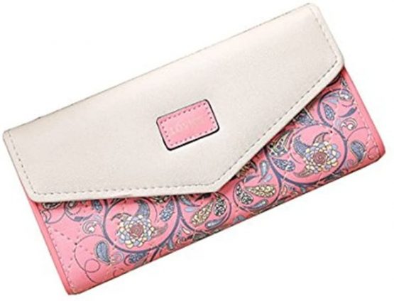 DWE Women Leather Wallet,Fashion Long Envelope Coin Purse ID Card Holder Handbag for Ladies Girls (Pink)